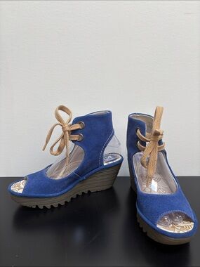 Fly London Yaffa Blue Suede Leather Wedge Platform Sandal Ankle tie open toe 6 7